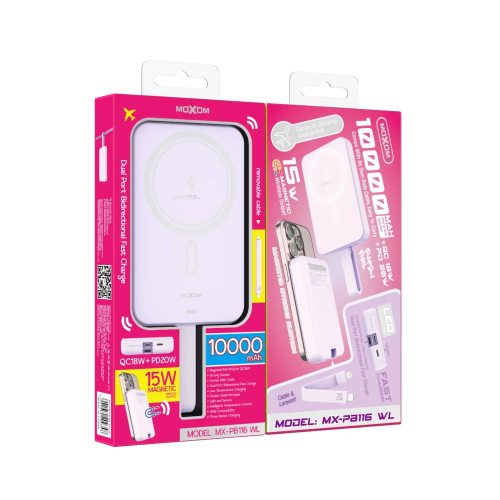 Power Bank Magnétique MOXOM MX-PB116 WL 10000mAh – Charge Sans Fil 15W, PD 20W, QC 18W avec Câble Intégré — image 4