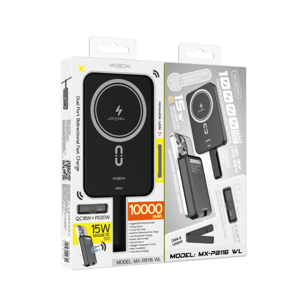 Power Bank Magnétique MOXOM MX-PB116 WL 10000mAh – Charge Sans Fil 15W, PD 20W, QC 18W avec Câble Intégré — image 5