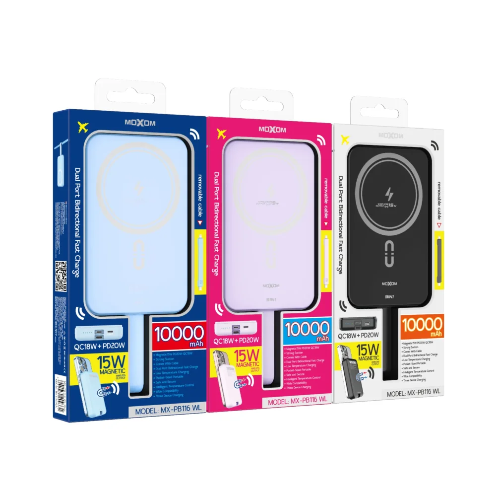 Power Bank Magnétique MOXOM MX-PB116 WL 10000mAh – Charge Sans Fil 15W, PD 20W, QC 18W avec Câble Intégré — image 7