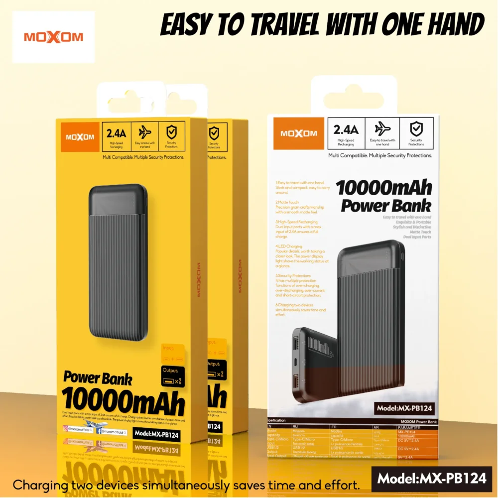 MOXOM MX-PB124 Power Bank 10000mAh – Double USB, Charge Rapide 2.4A, Batterie Externe Portable avec Protections Intelligentes — image 8