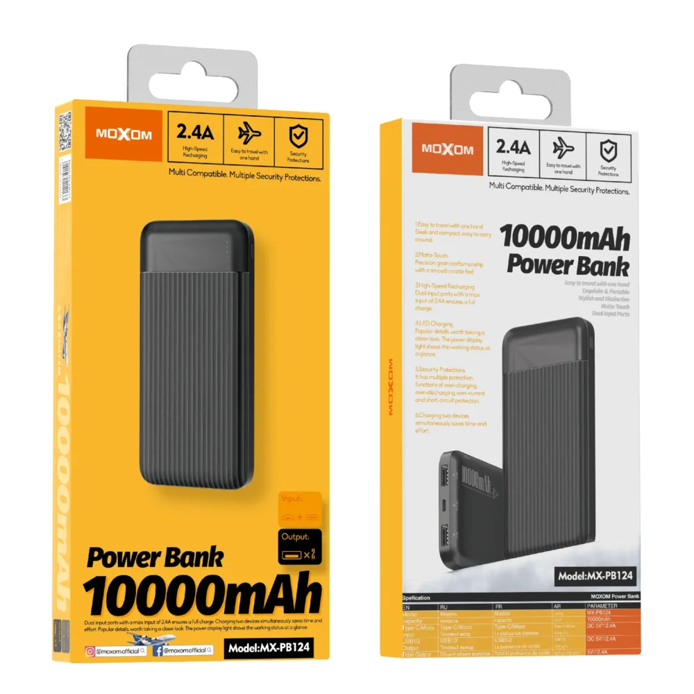 MOXOM MX-PB124 Power Bank 10000mAh – Double USB, Charge Rapide 2.4A, Batterie Externe Portable avec Protections Intelligentes — image 3