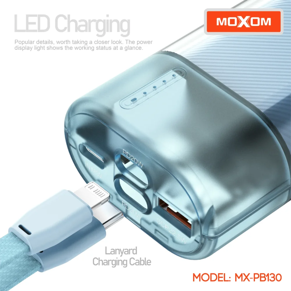 MOXOM MX-PB130 Power Bank 10000mAh – Charge Rapide PD20W & SCP22.5W, 3 Entrées / 3 Sorties, Câble Dragonne Intégré — image 11