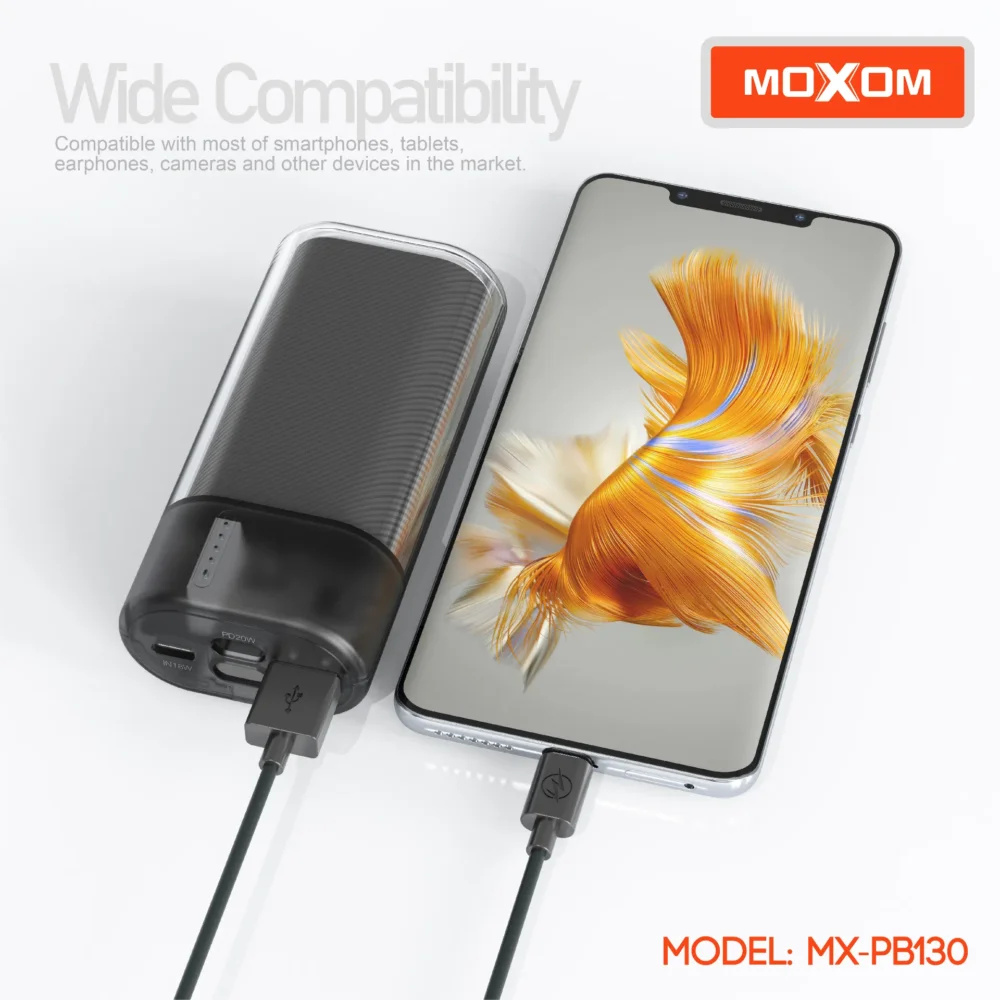 MOXOM MX-PB130 Power Bank 10000mAh – Charge Rapide PD20W & SCP22.5W, 3 Entrées / 3 Sorties, Câble Dragonne Intégré — image 3