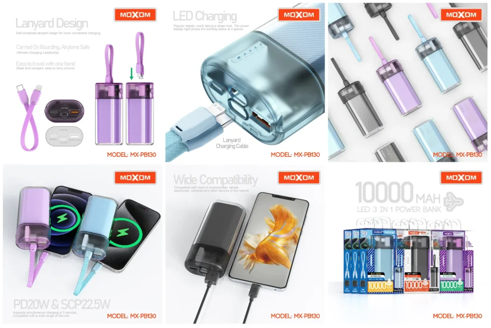 MOXOM MX-PB130 Power Bank 10000mAh – Charge Rapide PD20W & SCP22.5W, 3 Entrées / 3 Sorties, Câble Dragonne Intégré — image 4