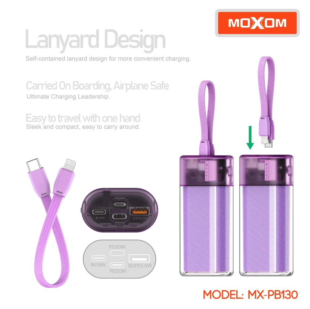 MOXOM MX-PB130 Power Bank 10000mAh – Charge Rapide PD20W & SCP22.5W, 3 Entrées / 3 Sorties, Câble Dragonne Intégré — image 10