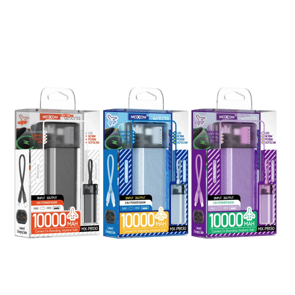 MOXOM MX-PB130 Power Bank 10000mAh – Charge Rapide PD20W & SCP22.5W, 3 Entrées / 3 Sorties, Câble Dragonne Intégré — image 5