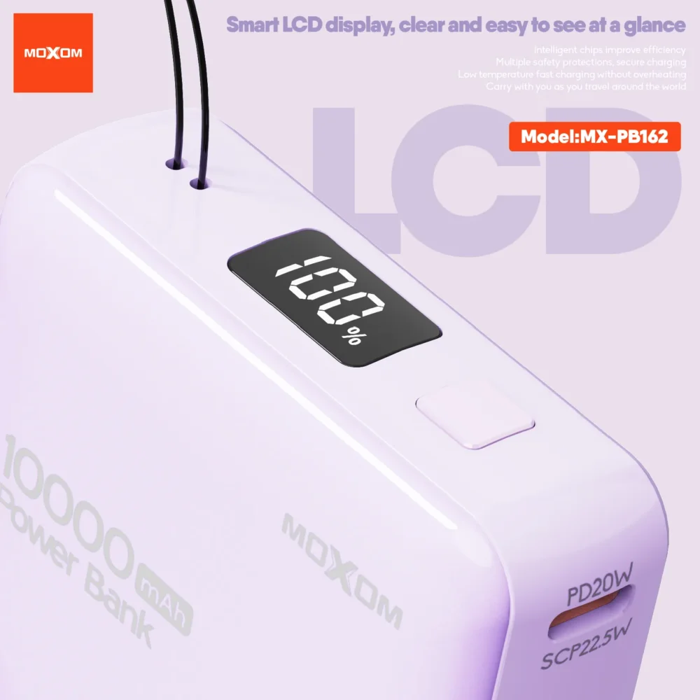 MOXOM MX-PB162 Mini Power Bank 10000 mAh | Charge Rapide PD 20 W & SCP 22,5 W | Écran LCD | Câble USB-C Intégré — image 3
