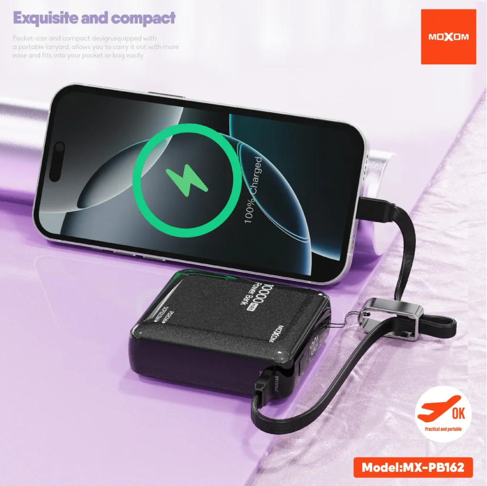 MOXOM MX-PB162 Mini Power Bank 10000 mAh | Charge Rapide PD 20 W & SCP 22,5 W | Écran LCD | Câble USB-C Intégré — image 4