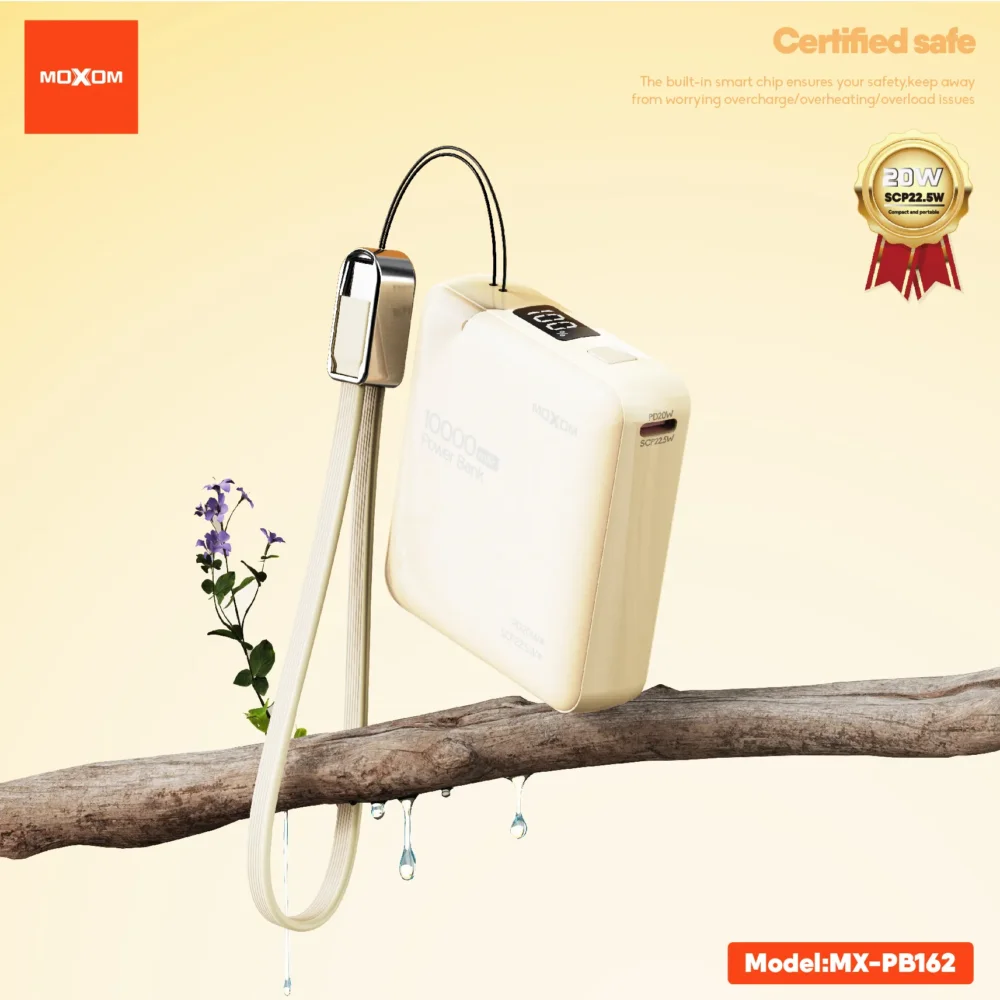 MOXOM MX-PB162 Mini Power Bank 10000 mAh | Charge Rapide PD 20 W & SCP 22,5 W | Écran LCD | Câble USB-C Intégré — image 7