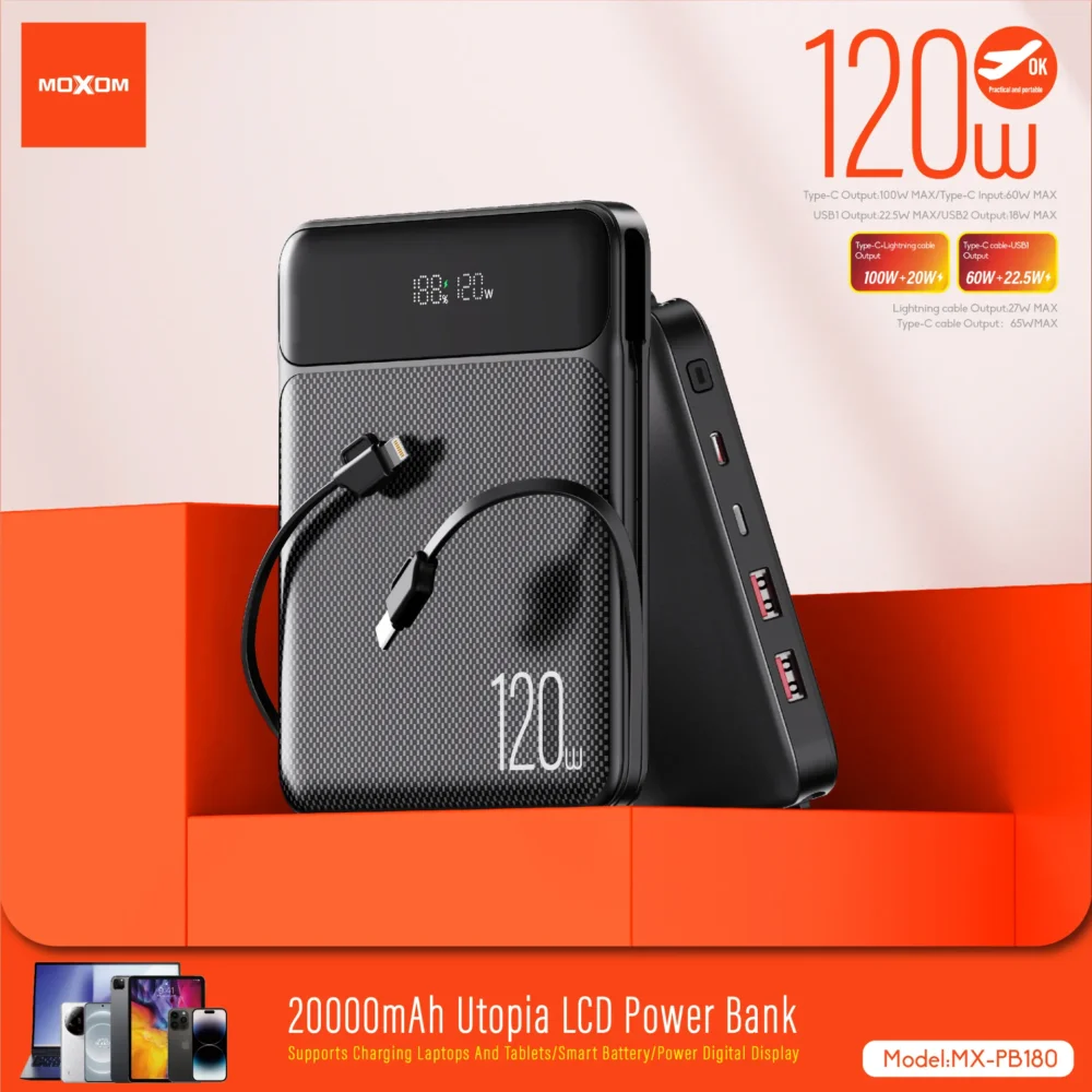 Power Bank MOXOM MX-PB180 20000mAh 120W – Charge Rapide PD 100W, Écran LCD Intelligent — image 5