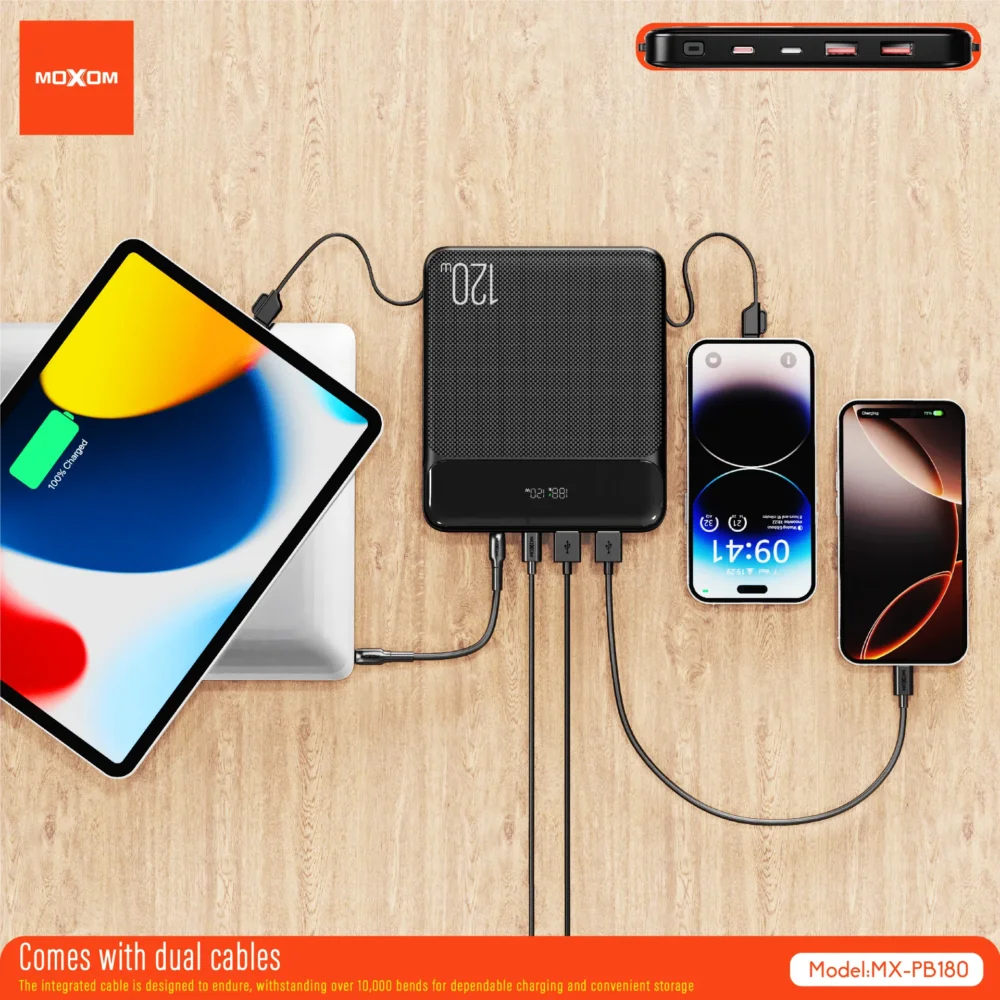Power Bank MOXOM MX-PB180 20000mAh 120W – Charge Rapide PD 100W, Écran LCD Intelligent — image 6
