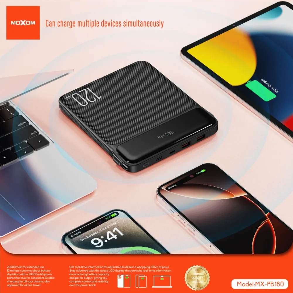 Power Bank MOXOM MX-PB180 20000mAh 120W – Charge Rapide PD 100W, Écran LCD Intelligent — image 7