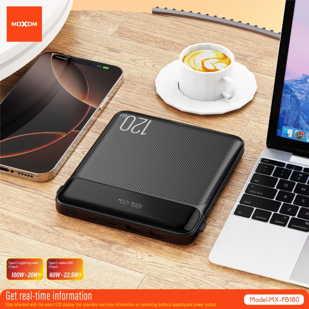 Power Bank MOXOM MX-PB180 20000mAh 120W – Charge Rapide PD 100W, Écran LCD Intelligent — image 8
