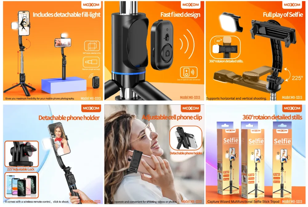 MOXOM MX-SS13 Perche à Selfie Bluetooth avec Trépied Intégré et Éclairage LED Détachable – Rotation 360° — image 8