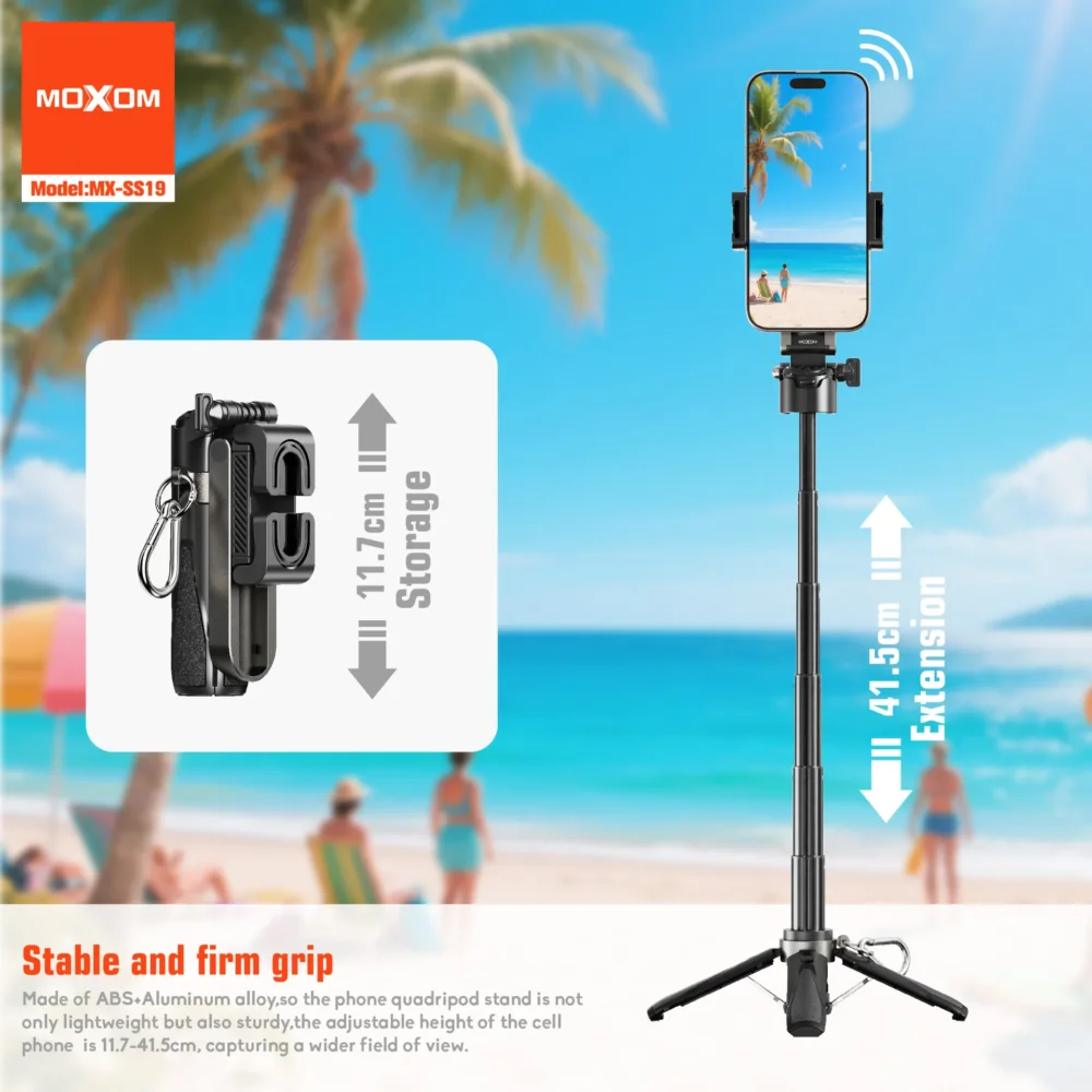 MOXOM MX-SS19 Trépied Selfie Stick Bluetooth Extensible avec Télécommande Rechargeable Type-C et Support Smartphone Rotatif 360° — image 6