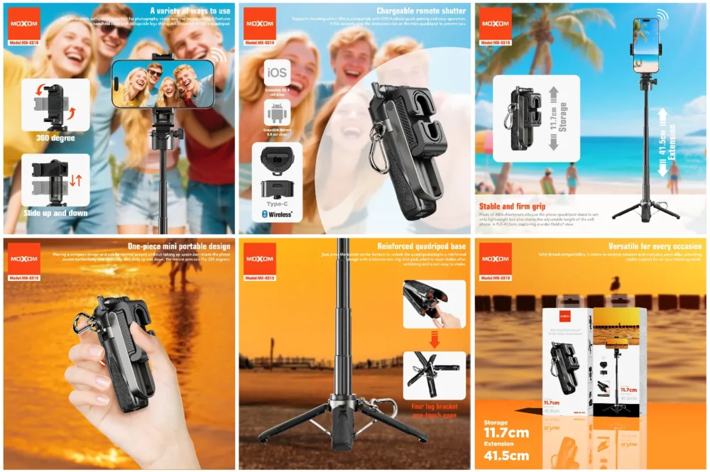 MOXOM MX-SS19 Trépied Selfie Stick Bluetooth Extensible avec Télécommande Rechargeable Type-C et Support Smartphone Rotatif 360° — image 3