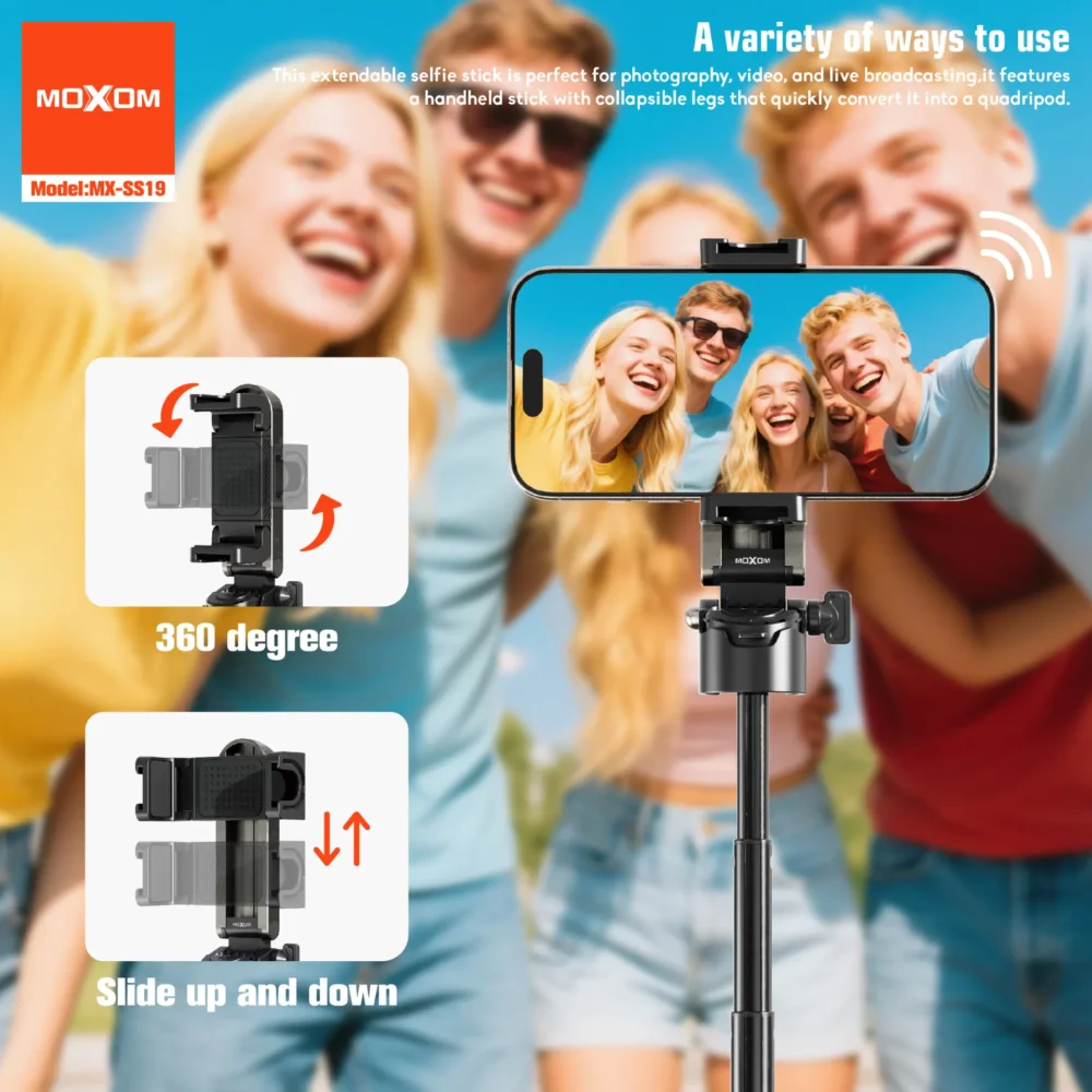 MOXOM MX-SS19 Trépied Selfie Stick Bluetooth Extensible avec Télécommande Rechargeable Type-C et Support Smartphone Rotatif 360° — image 4