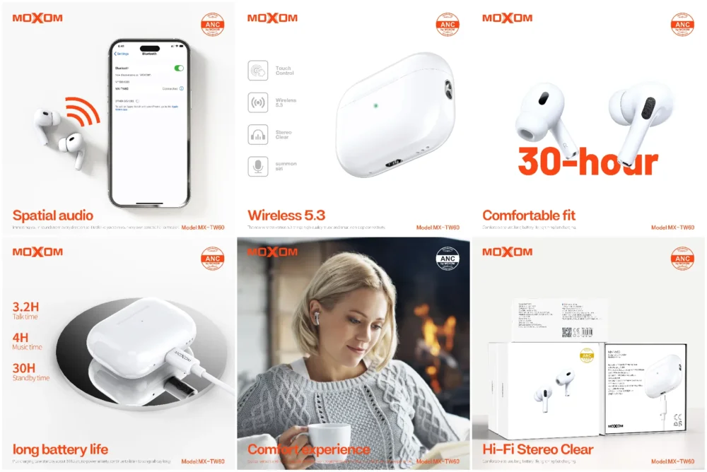 Écouteurs Sans Fil MOXOM MX-TW60 ANC Bluetooth 5.3 – Son Hi-Fi Stéréo, Réduction Active du Bruit et Recharge Rapide — image 3