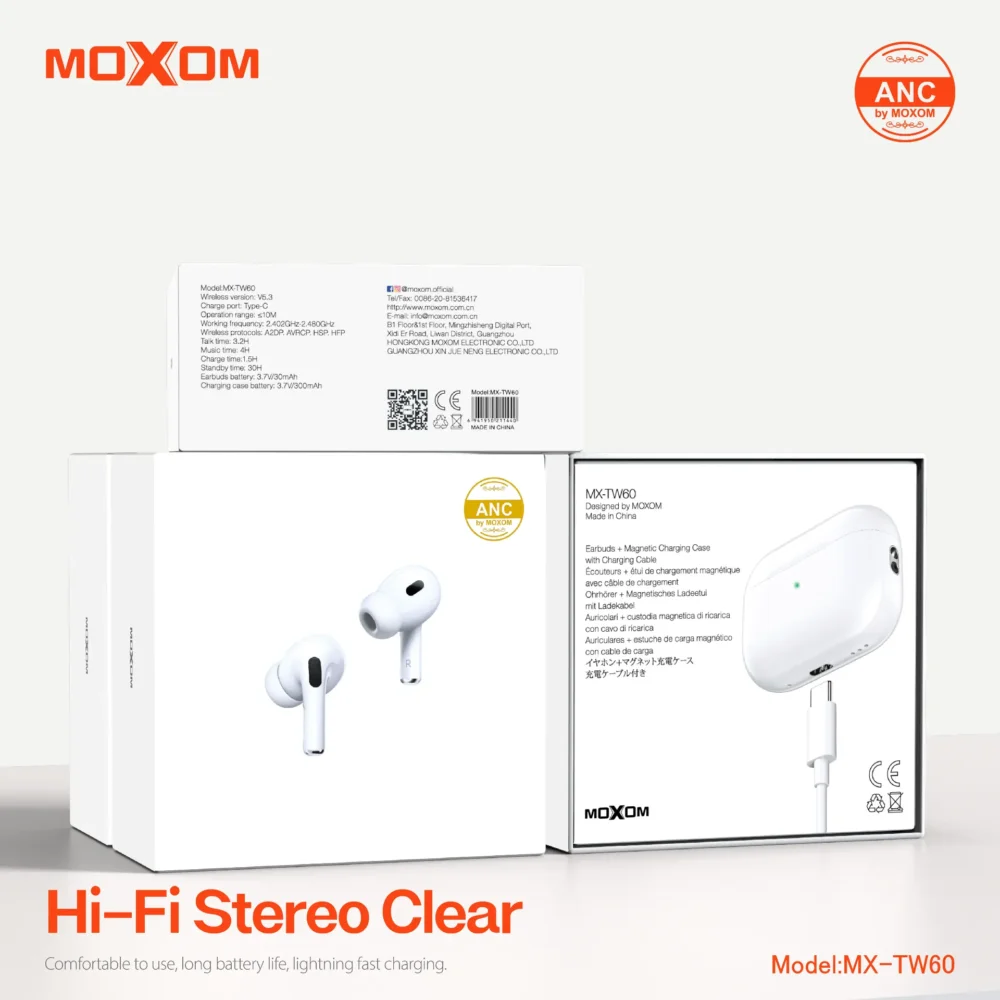 Écouteurs Sans Fil MOXOM MX-TW60 ANC Bluetooth 5.3 – Son Hi-Fi Stéréo, Réduction Active du Bruit et Recharge Rapide — image 9
