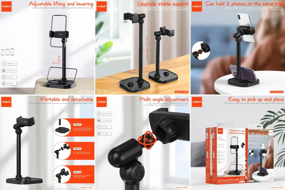 Support Téléphone & Tablette de Bureau MOXOM MX-VS119 – Support Réglable en Hauteur avec Rotation 360° — image 3