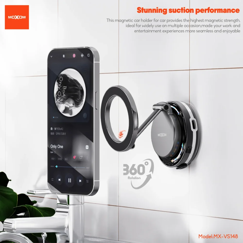 Support Téléphone Magnétique à Ventouse MOXOM MX-VS148 – Rotation 360°, Aspiration Électrique Automatique et Fixation Ultra Stable — image 9