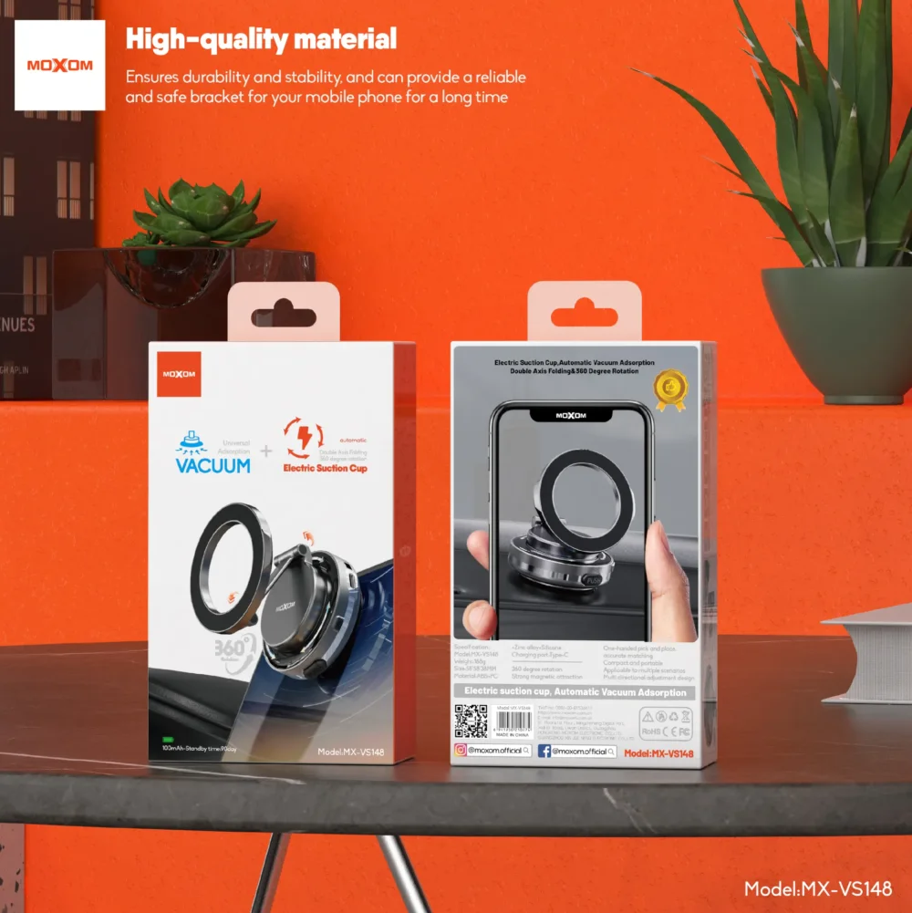 Support Téléphone Magnétique à Ventouse MOXOM MX-VS148 – Rotation 360°, Aspiration Électrique Automatique et Fixation Ultra Stable — image 3