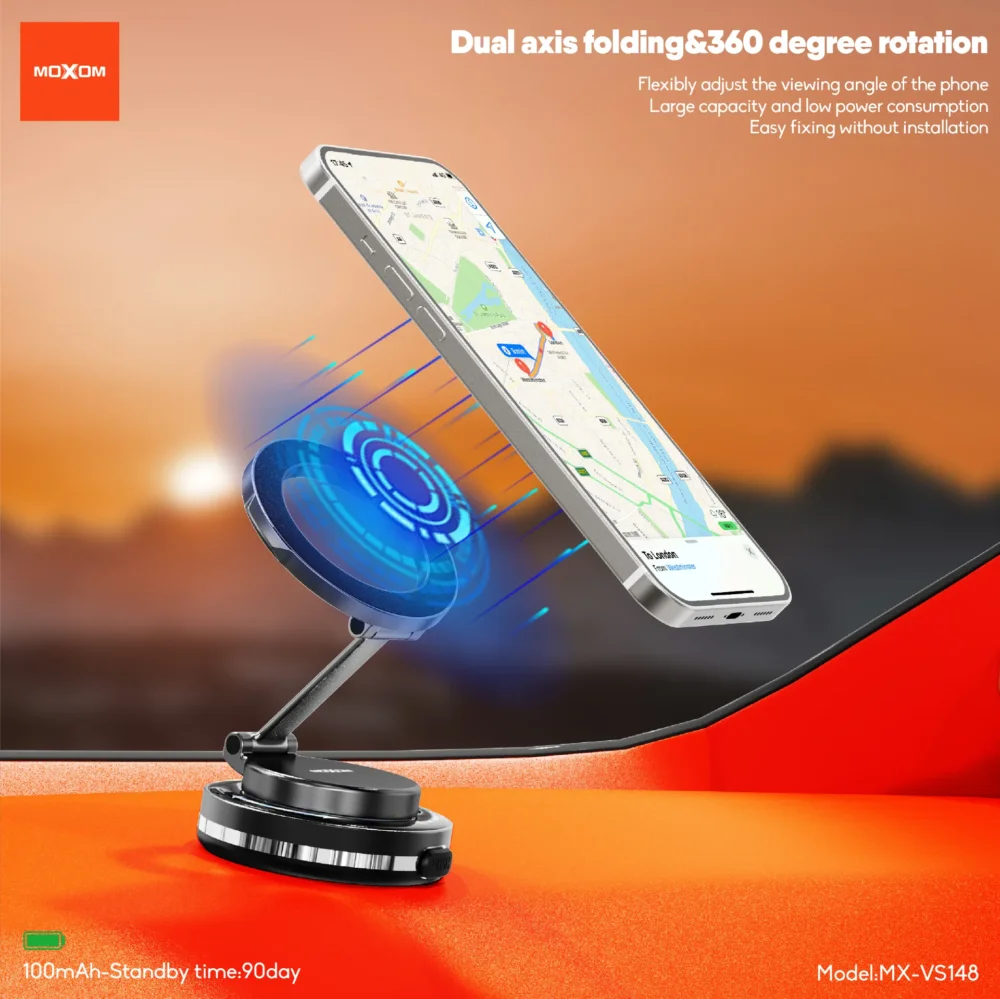 Support Téléphone Magnétique à Ventouse MOXOM MX-VS148 – Rotation 360°, Aspiration Électrique Automatique et Fixation Ultra Stable — image 5