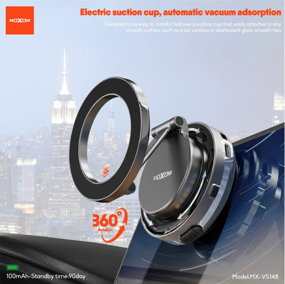 Support Téléphone Magnétique à Ventouse MOXOM MX-VS148 – Rotation 360°, Aspiration Électrique Automatique et Fixation Ultra Stable — image 7