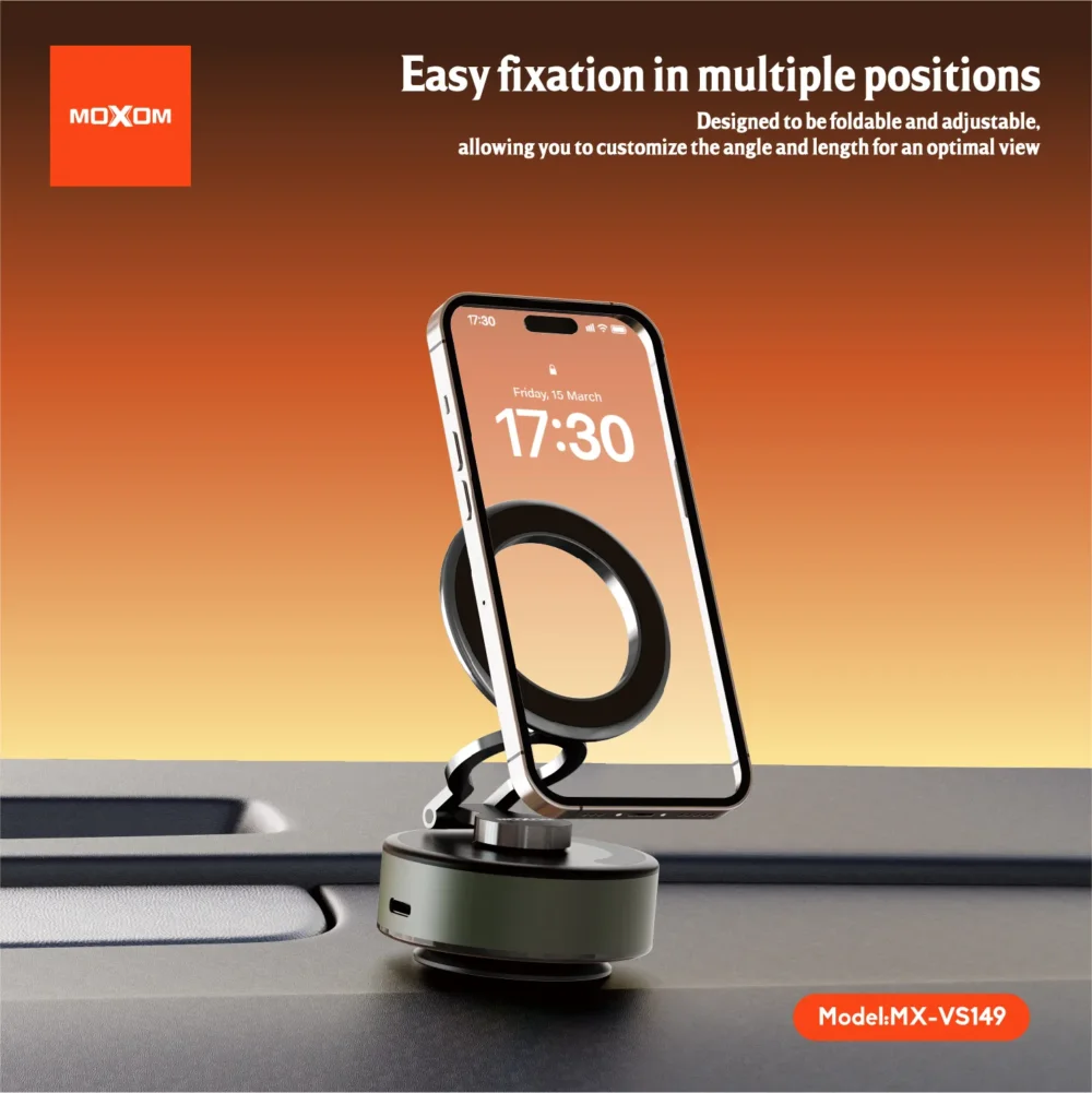 Support Téléphone Magnétique à Ventouse Électrique MOXOM MX-VS149 – Rotation 360° & Fixation Ultra Puissante — image 6