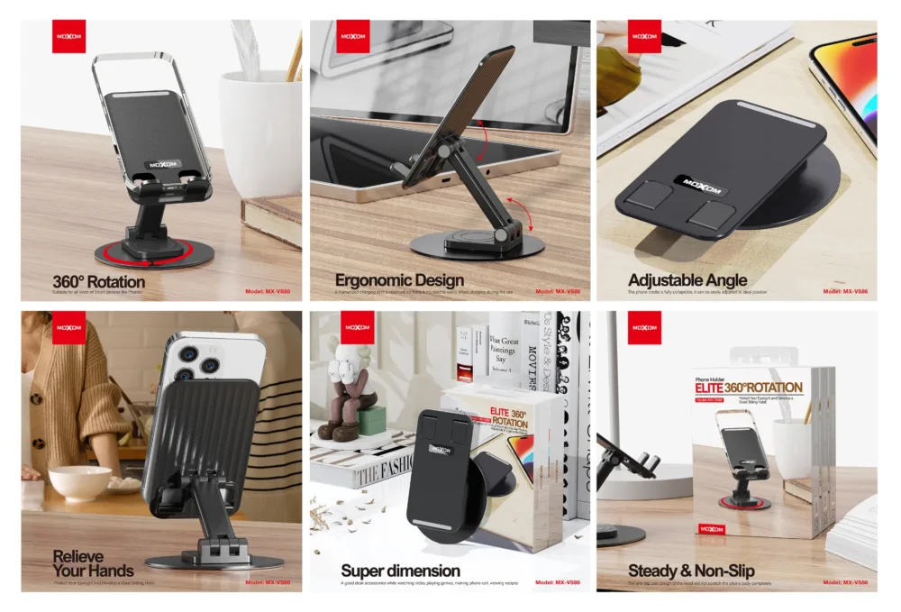 Support Téléphone de Bureau MOXOM MX-VS86 – Support Pliable Rotatif 360° pour Smartphone et Tablette — image 4