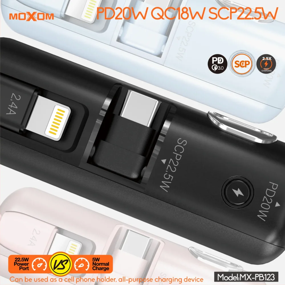 MOXOM MX-PB123 Power Bank 5000mAh avec Connecteurs Intégrés 3-en-1 – PD20W, QC18W, SCP22.5W, Écran LCD Intelligent — image 7