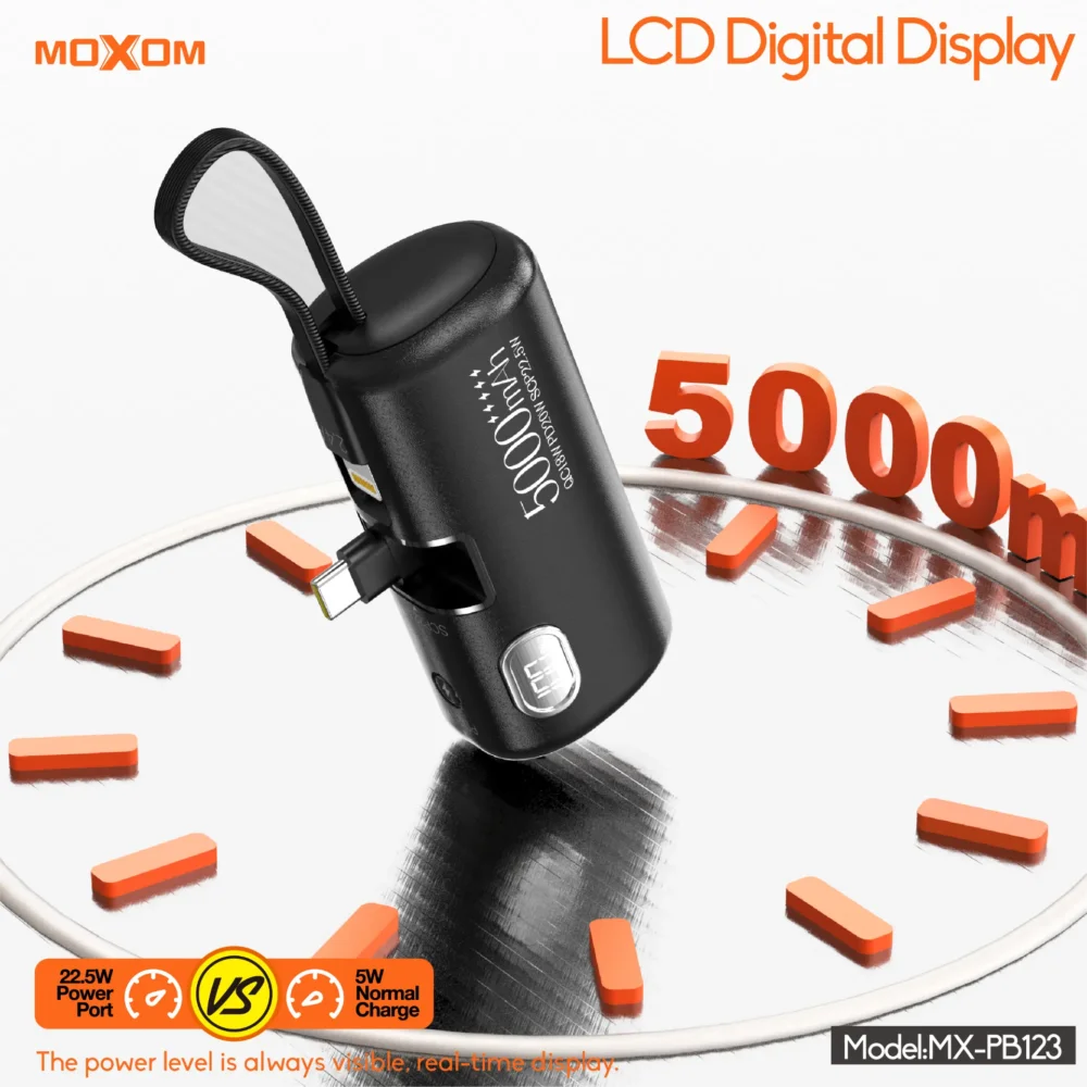 MOXOM MX-PB123 Power Bank 5000mAh avec Connecteurs Intégrés 3-en-1 – PD20W, QC18W, SCP22.5W, Écran LCD Intelligent — image 10