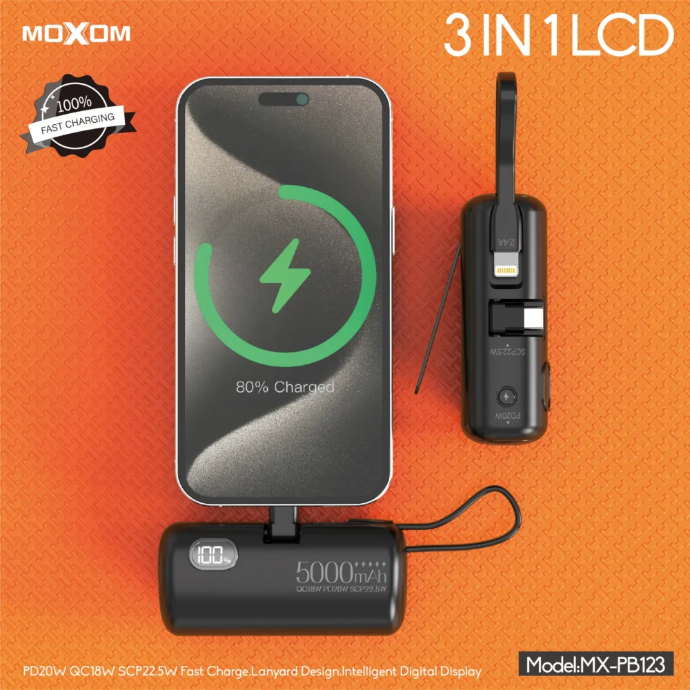 MOXOM MX-PB123 Power Bank 5000mAh avec Connecteurs Intégrés 3-en-1 – PD20W, QC18W, SCP22.5W, Écran LCD Intelligent — image 5