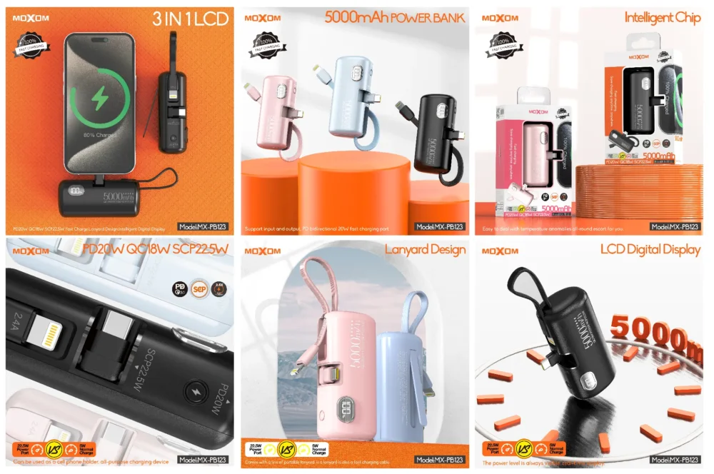 MOXOM MX-PB123 Power Bank 5000mAh avec Connecteurs Intégrés 3-en-1 – PD20W, QC18W, SCP22.5W, Écran LCD Intelligent — image 4