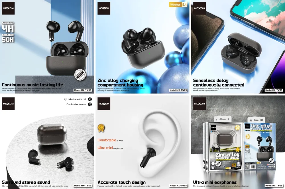 Écouteurs Sans Fil MOXOM MX-TW65 Bluetooth 5.4 – Commandes Tactiles, Son Hi-Fi Stéréo et Design Ultra-Compact — image 3