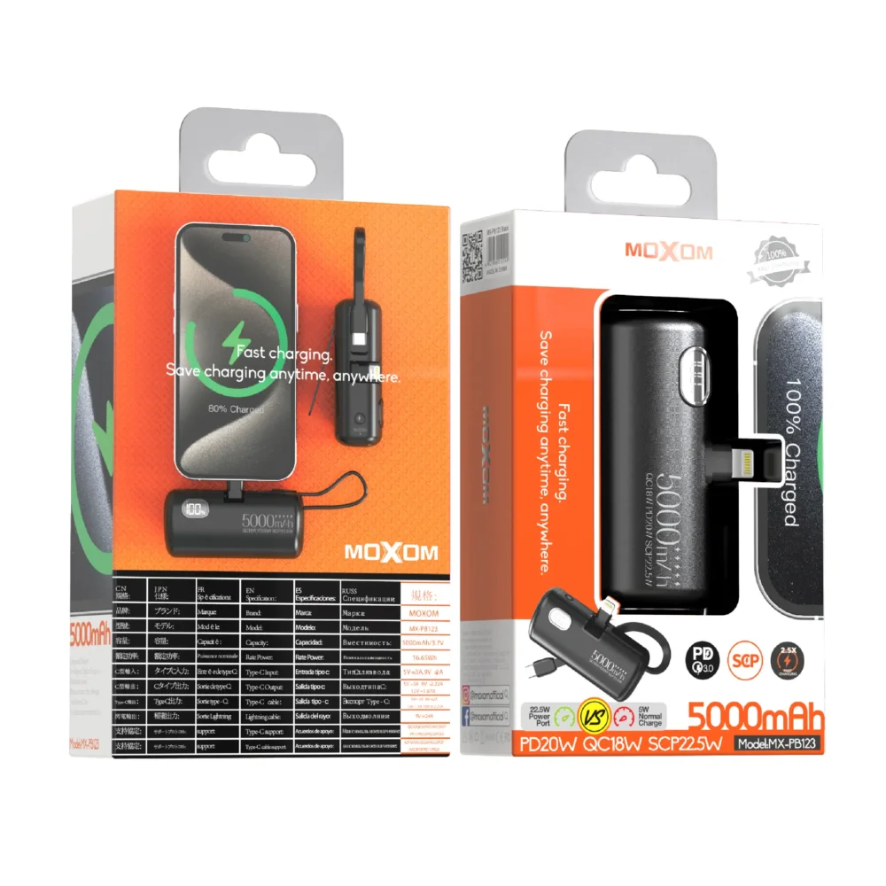 MOXOM MX-PB123 Power Bank 5000mAh avec Connecteurs Intégrés 3-en-1 – PD20W, QC18W, SCP22.5W, Écran LCD Intelligent — image 12