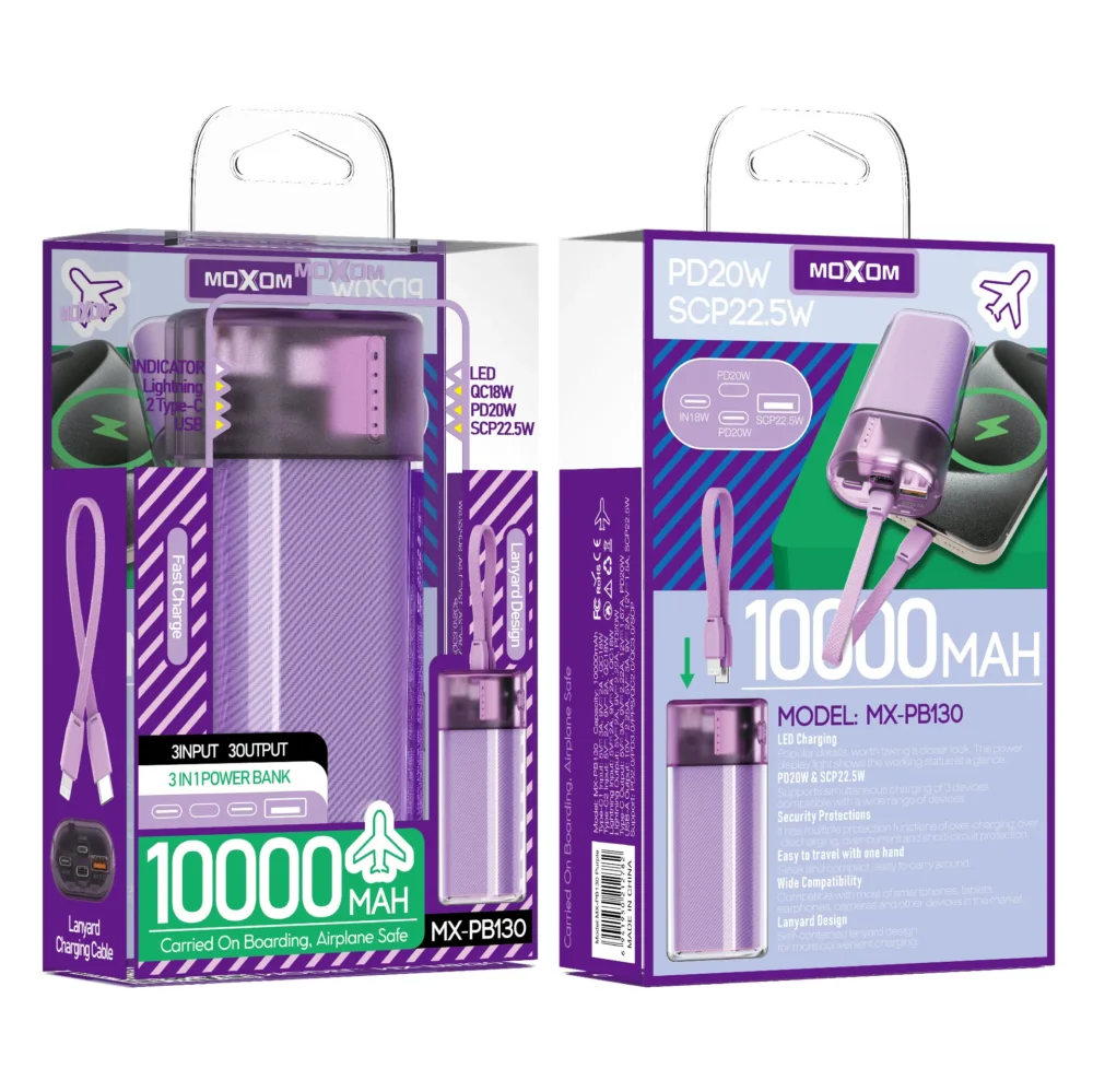 MOXOM MX-PB130 Power Bank 10000mAh – Charge Rapide PD20W & SCP22.5W, 3 Entrées / 3 Sorties, Câble Dragonne Intégré — image 8