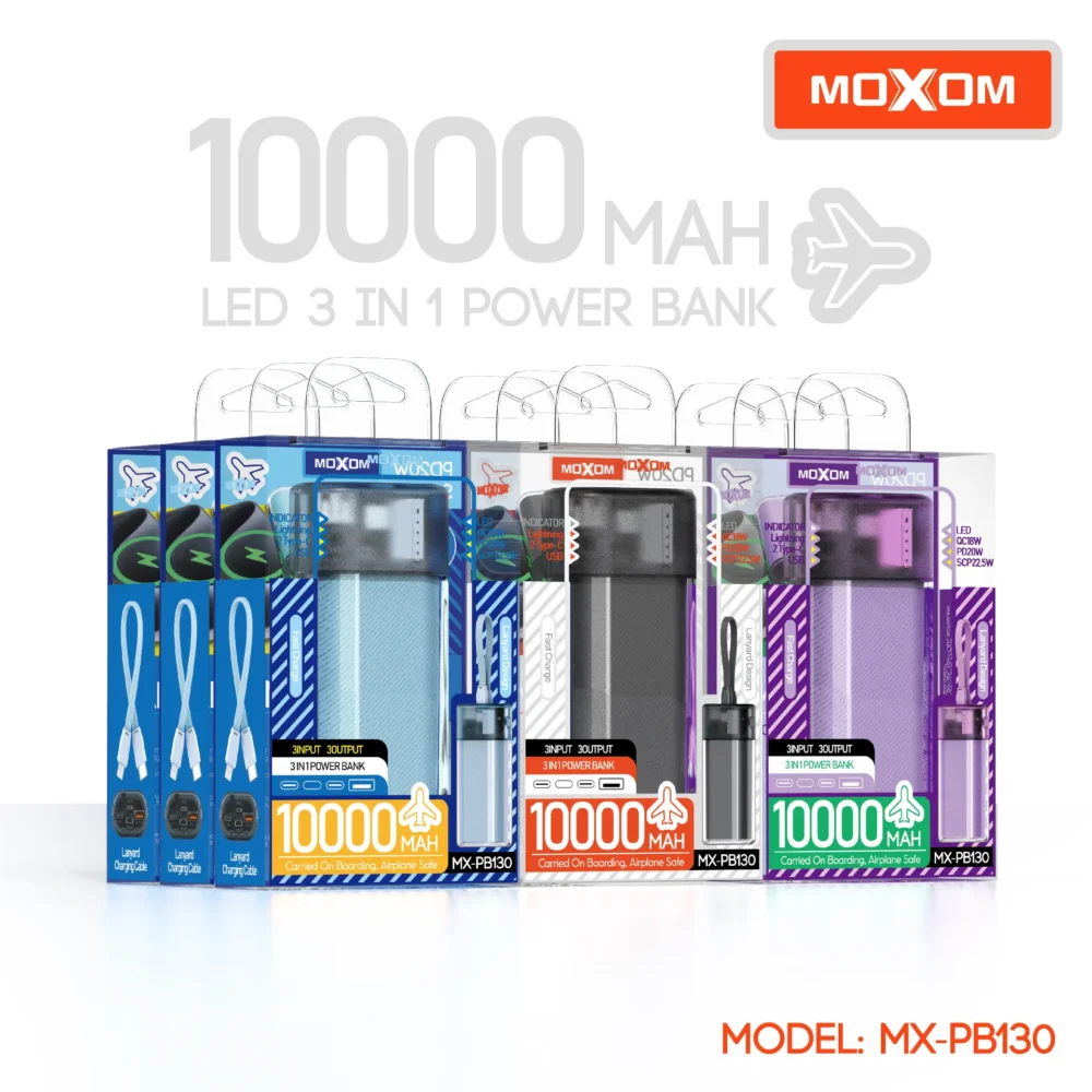 MOXOM MX-PB130 Power Bank 10000mAh – Charge Rapide PD20W & SCP22.5W, 3 Entrées / 3 Sorties, Câble Dragonne Intégré — image 9
