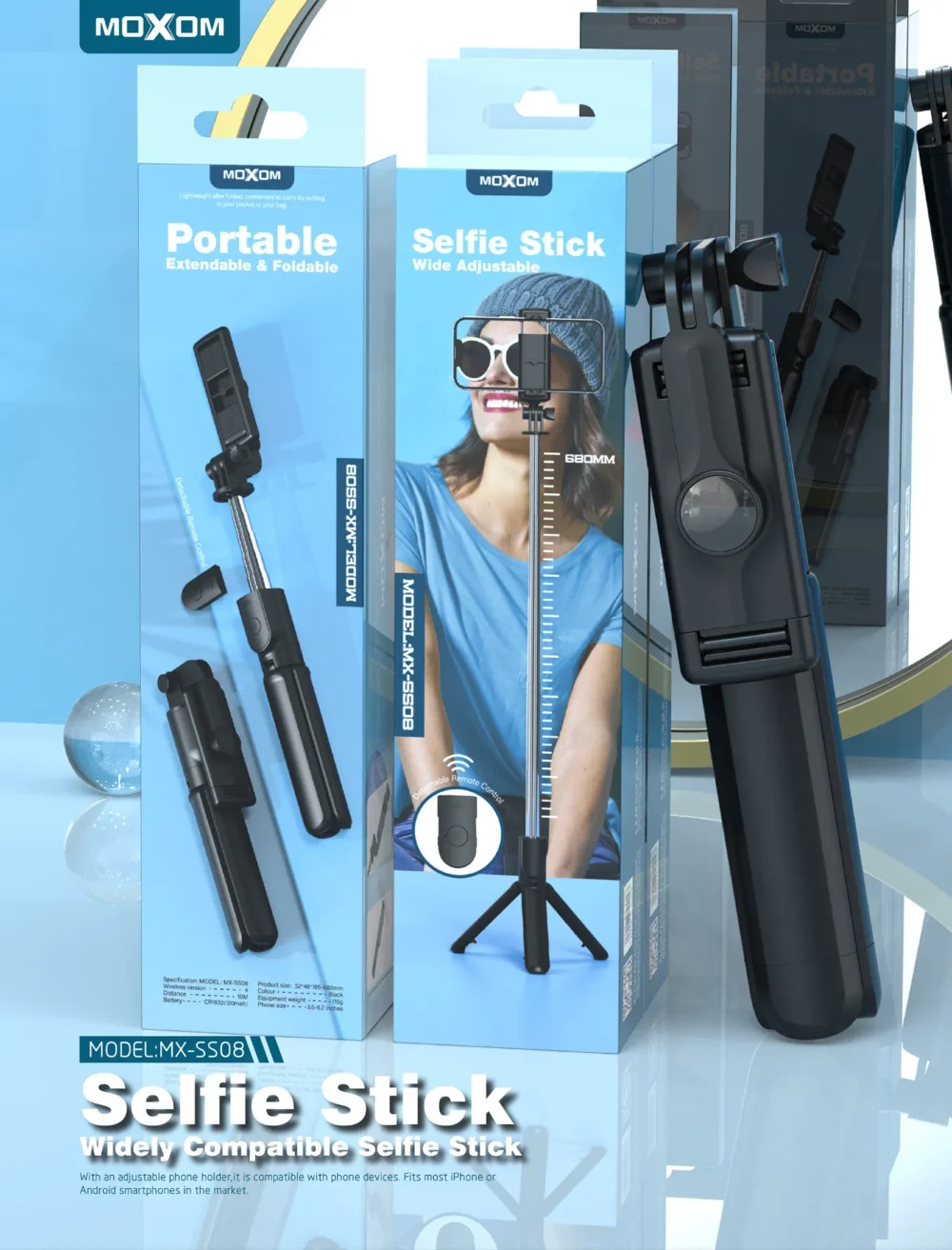 MOXOM MX-SS08 Selfie Stick Trépied Bluetooth – Perche à Selfie Extensible 680mm avec Télécommande Sans Fil — image 3