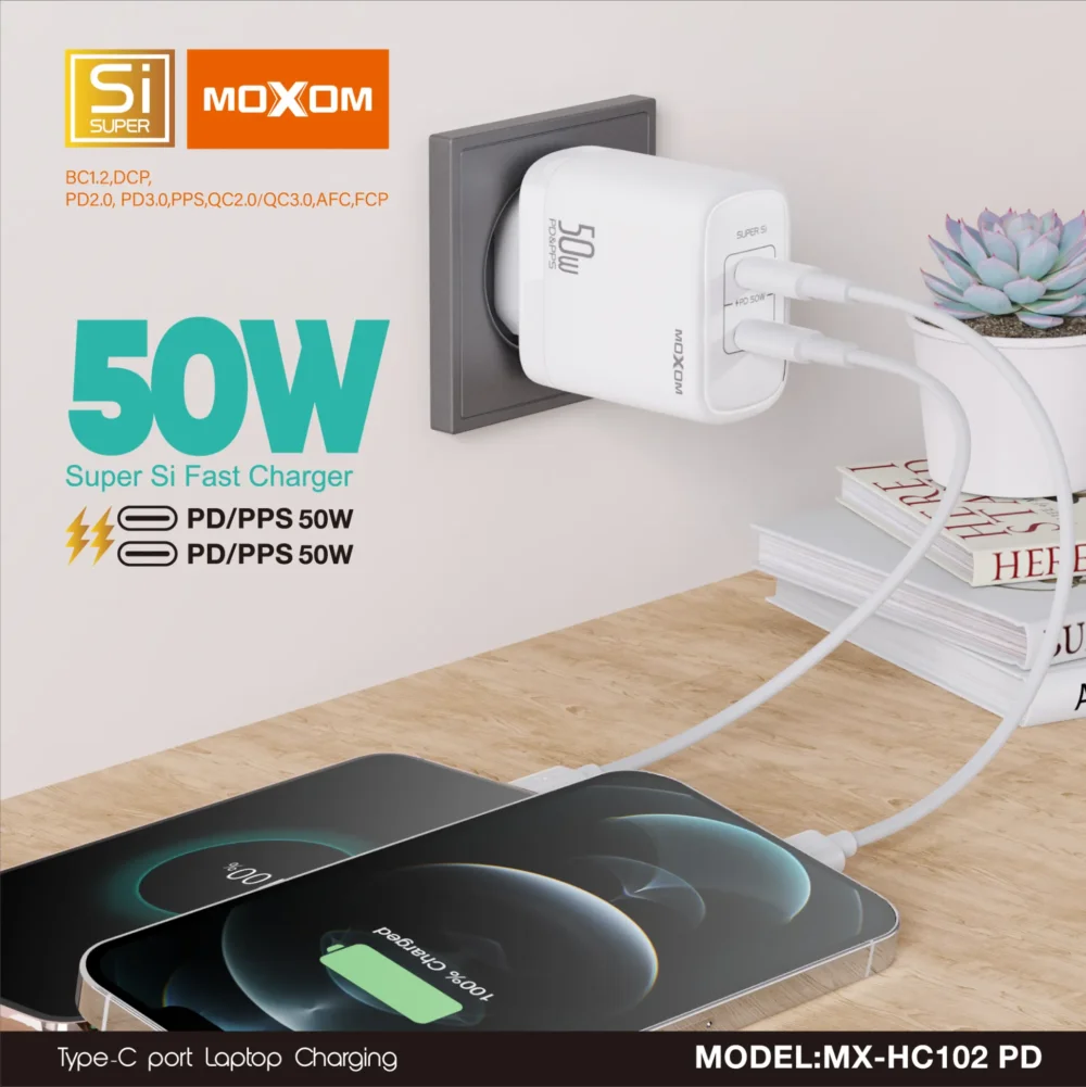 Chargeur Secteur MOXOM MX-HC102 PD 50W Super Si – Double Port USB-C PD/PPS Charge Rapide — image 4