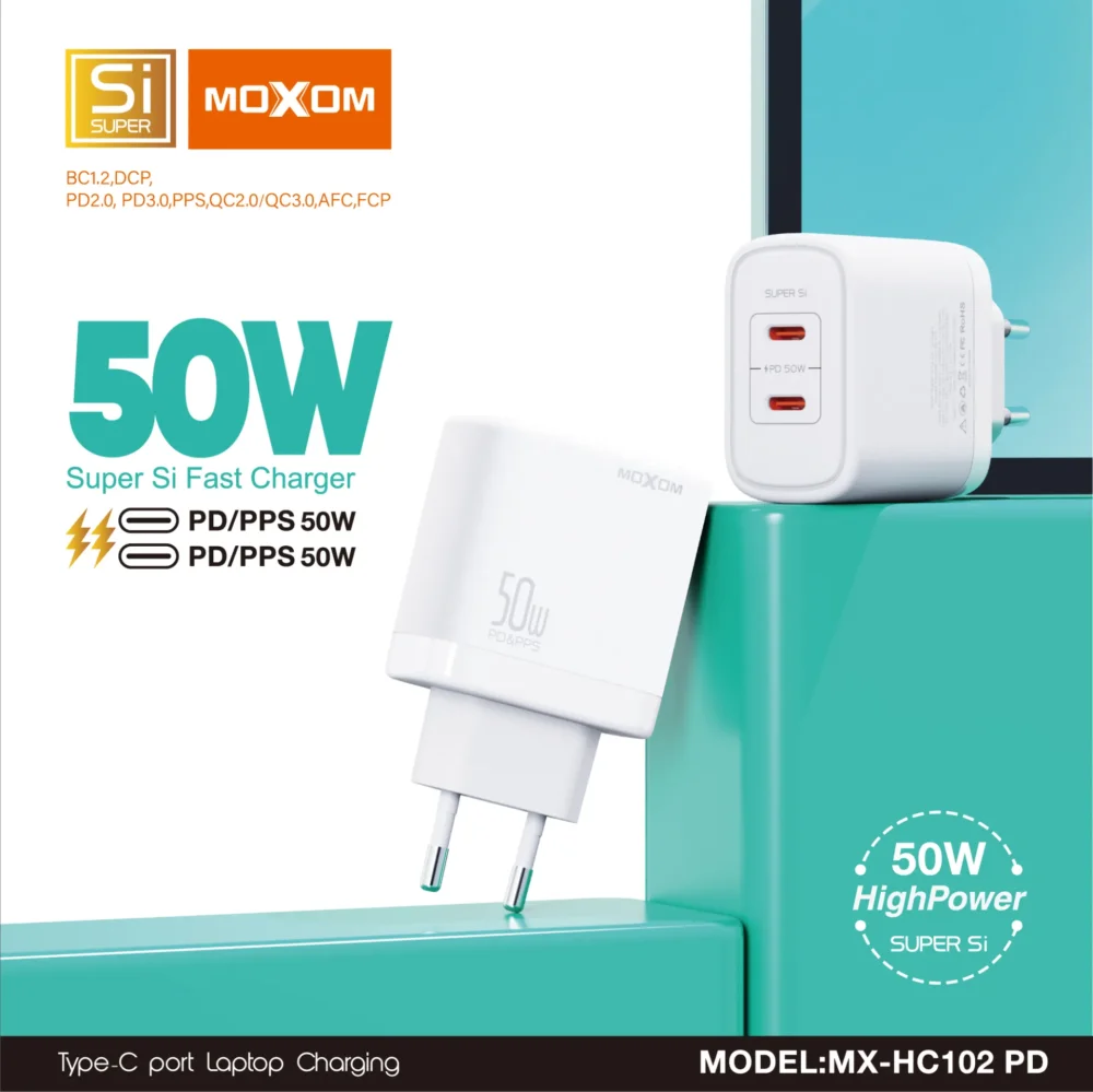 Chargeur Secteur MOXOM MX-HC102 PD 50W Super Si – Double Port USB-C PD/PPS Charge Rapide — image 6