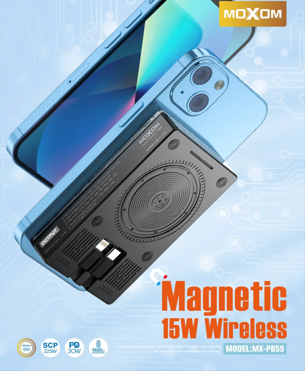 Powerbank Magnétique Sans Fil MOXOM MX-PB59 10000mAh – Charge Rapide PD 20W, SCP 22.5W & Wireless 15W — image 3