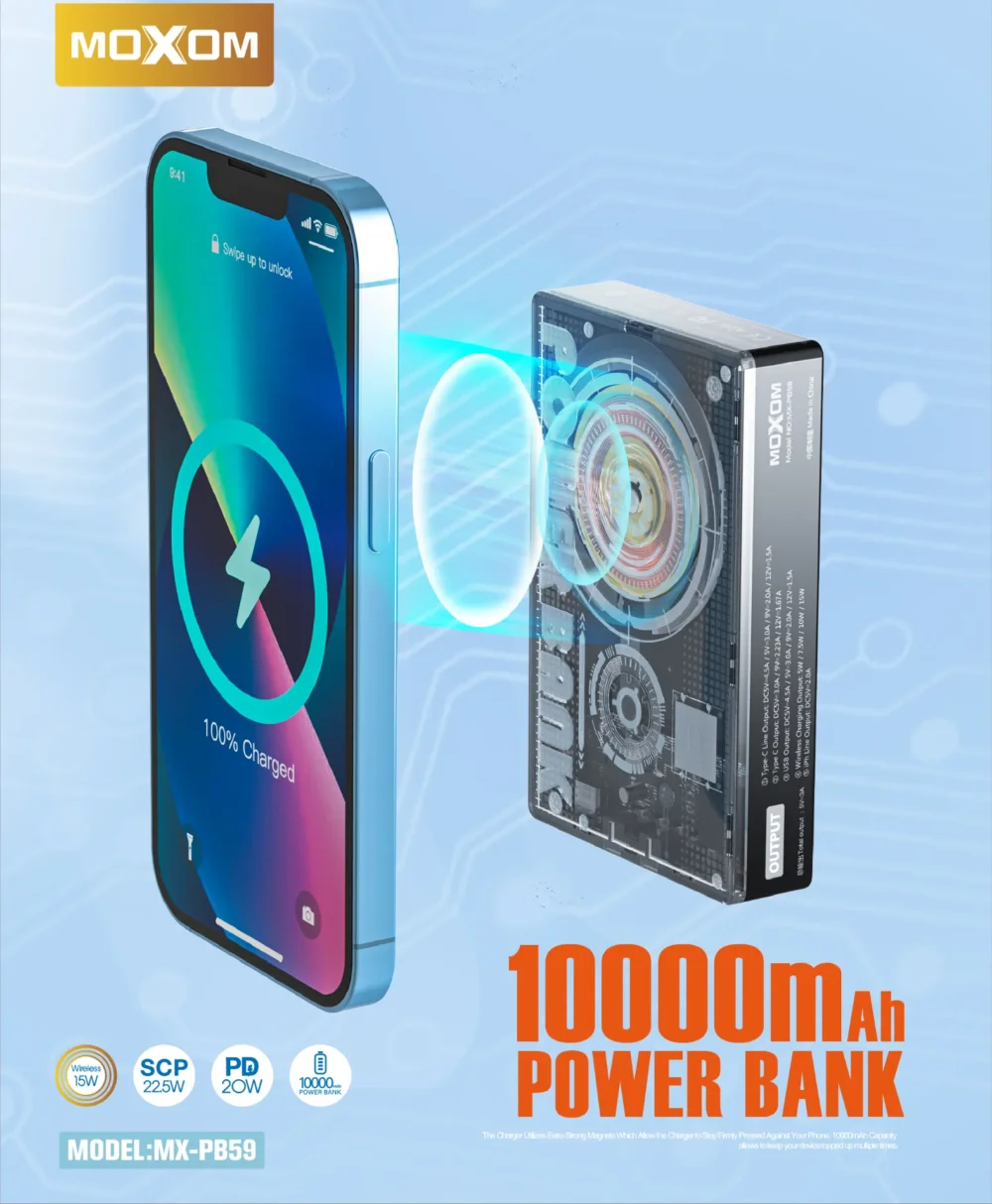 Powerbank Magnétique Sans Fil MOXOM MX-PB59 10000mAh – Charge Rapide PD 20W, SCP 22.5W & Wireless 15W — image 4