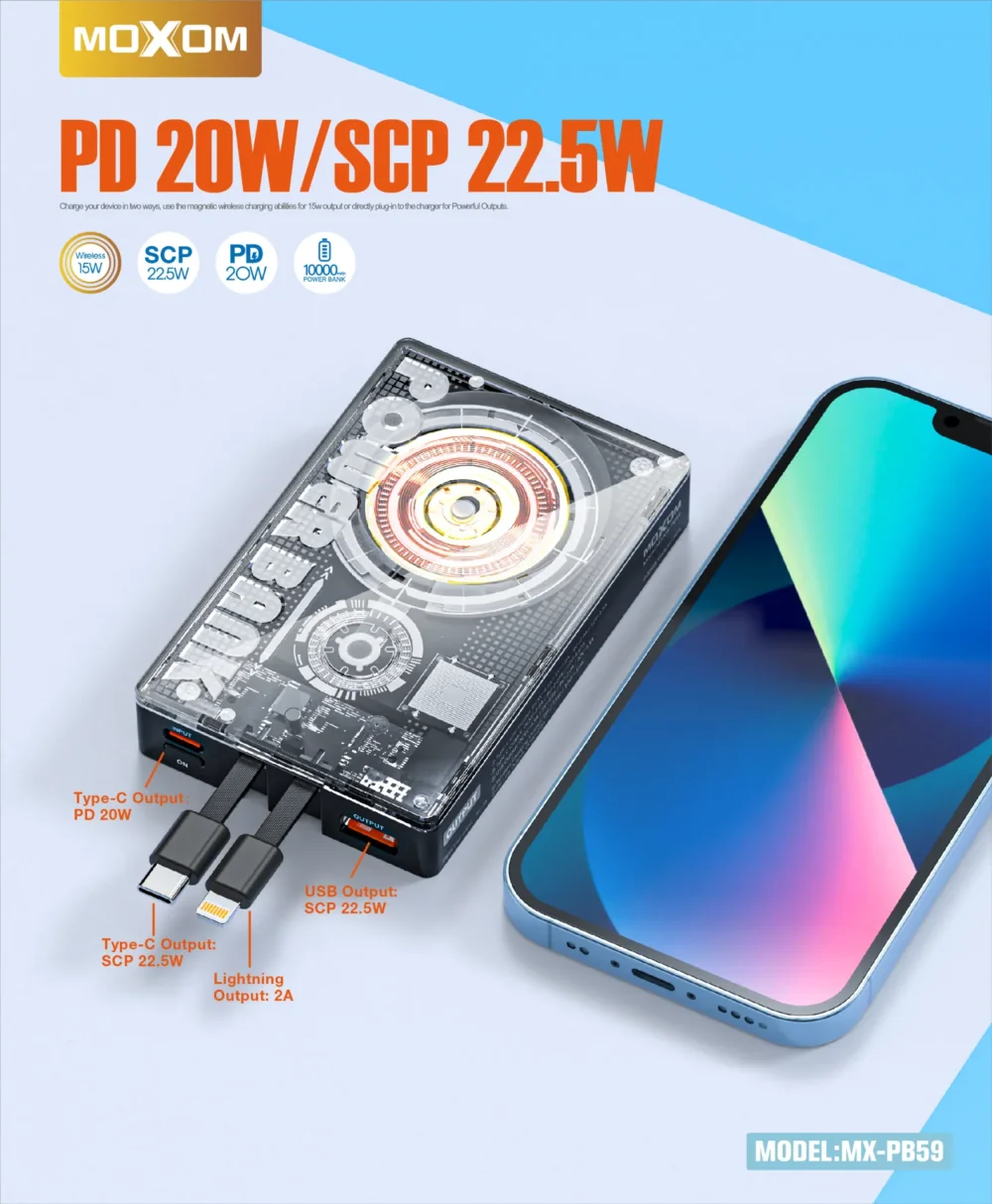Powerbank Magnétique Sans Fil MOXOM MX-PB59 10000mAh – Charge Rapide PD 20W, SCP 22.5W & Wireless 15W — image 8