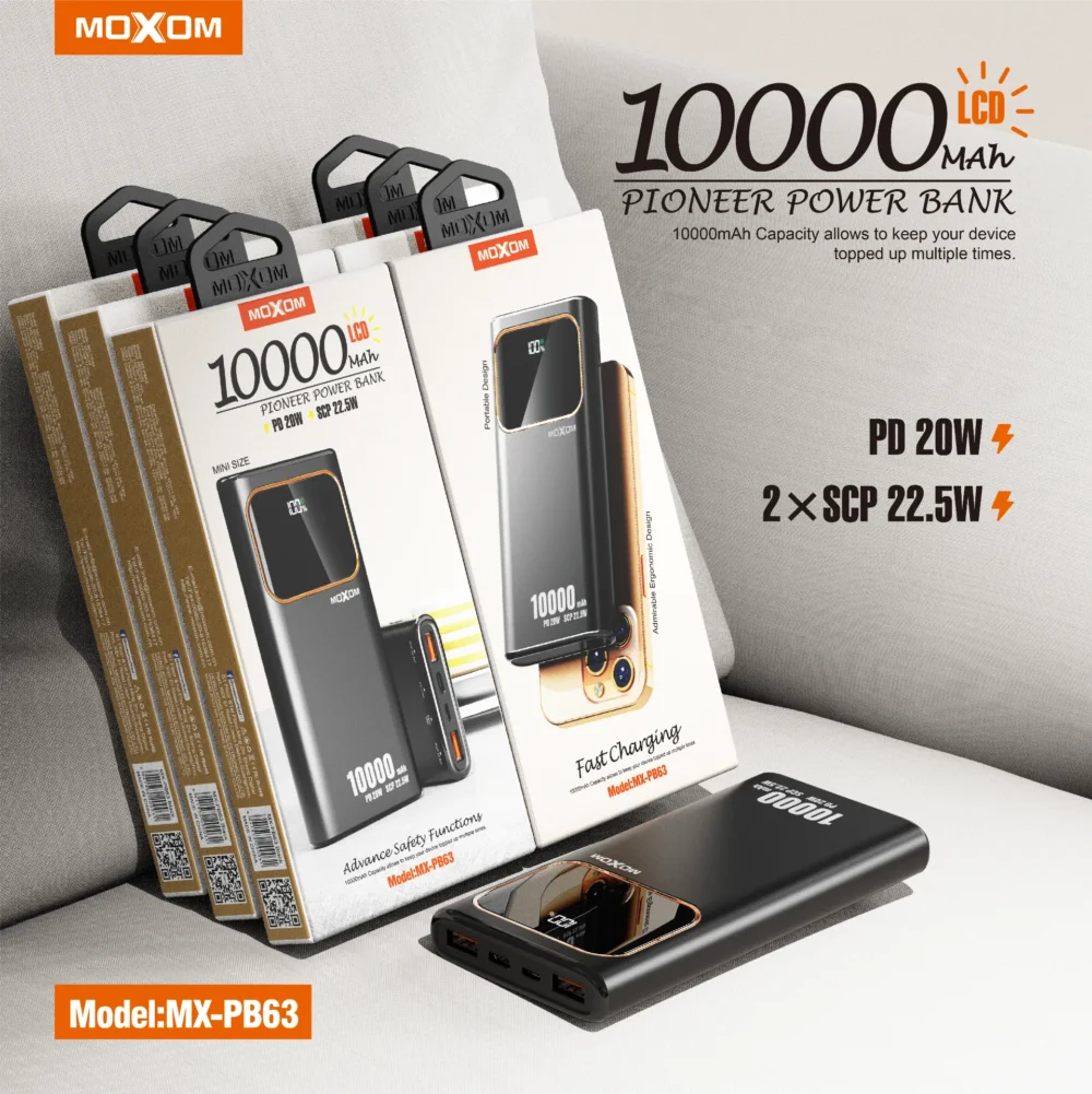 PowerBanck  MOXOM MX-PB63 10000mAh – Charge Rapide PD 20W & Double SCP 22.5W avec Écran LED — image 6