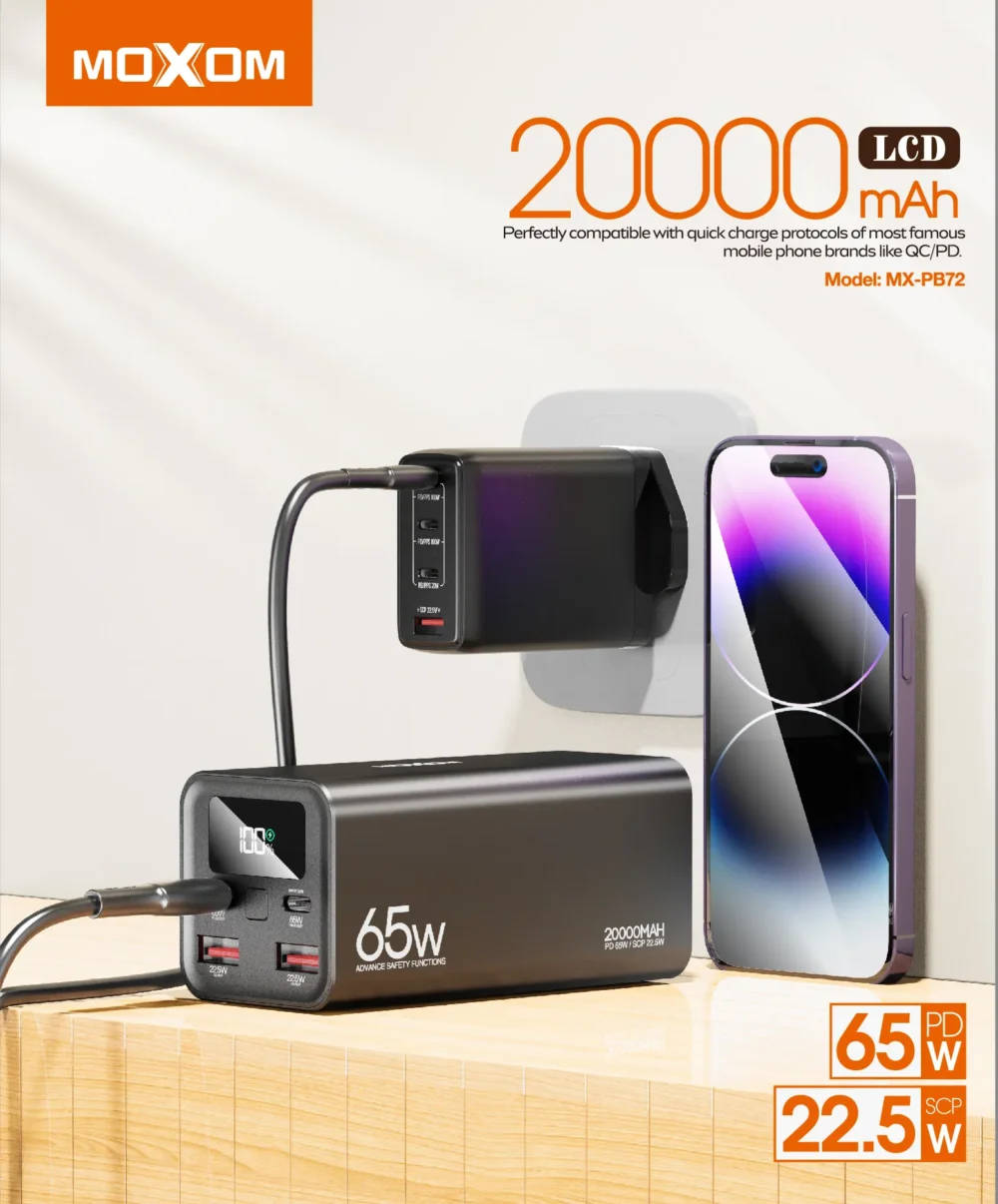 PowerBank MOXOM MX-PB72 20000mAh – Charge Rapide PD 65W & SCP 22.5W avec Écran LCD — image 8
