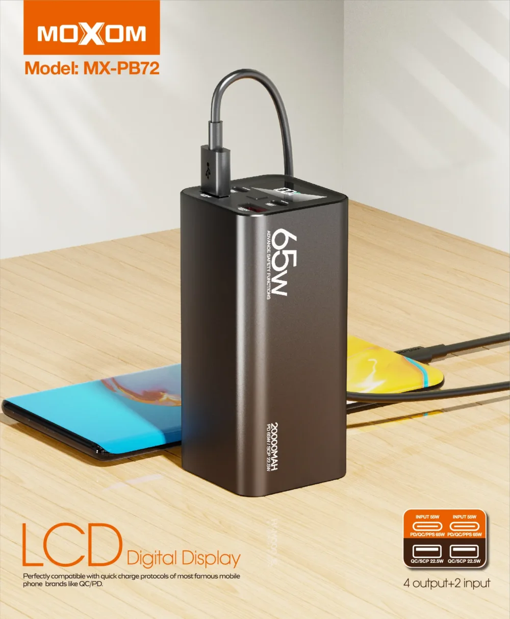 PowerBank MOXOM MX-PB72 20000mAh – Charge Rapide PD 65W & SCP 22.5W avec Écran LCD — image 5