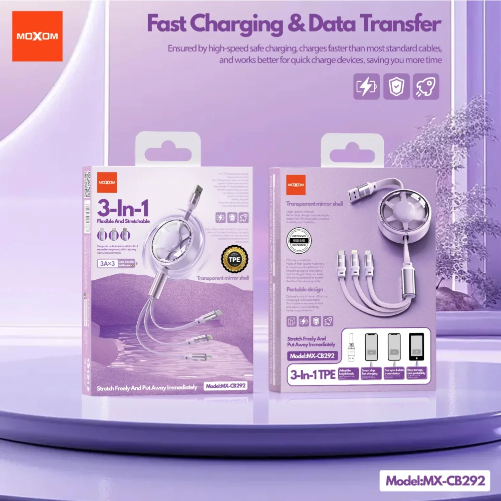Câble de Charge 3-en-1 MOXOM MX-CB292 – Design Rétractable et Charge Multiple — image 7