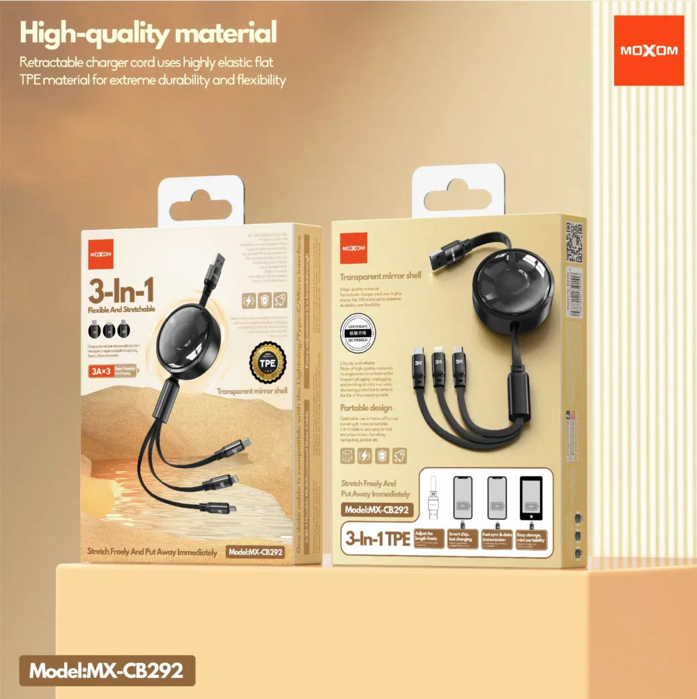 Câble de Charge 3-en-1 MOXOM MX-CB292 – Design Rétractable et Charge Multiple — image 8