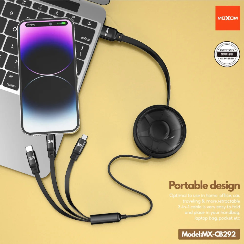 Câble de Charge 3-en-1 MOXOM MX-CB292 – Design Rétractable et Charge Multiple — image 9